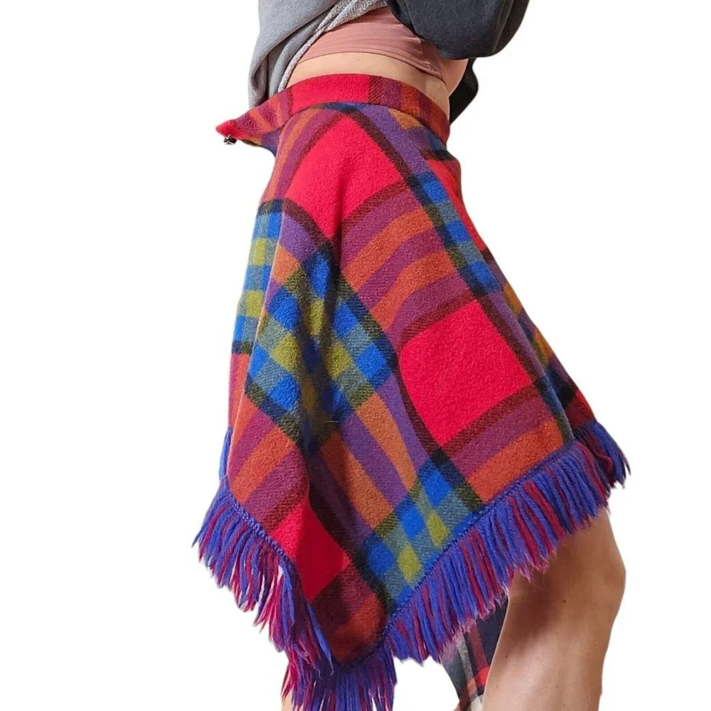 70s Pioneerwear Womens XS Wool Plaid Skirt Fringe Assymetrical Red‎ Blue Boho